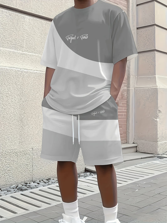 1 set of 2pcs 3D letter print stylish three-color Men's summer fresh T-shirt and shorts set, made from stretchy polyester knit fabric, regular fit, suitable for outdoor activities and family gatherings