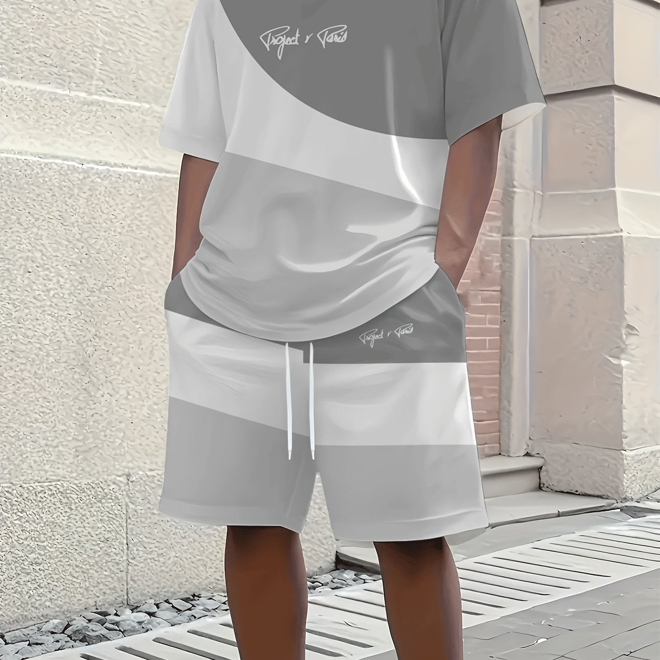 1 set of 2pcs 3D letter print stylish three-color Men's summer fresh T-shirt and shorts set, made from stretchy polyester knit fabric, regular fit, suitable for outdoor activities and family gatherings