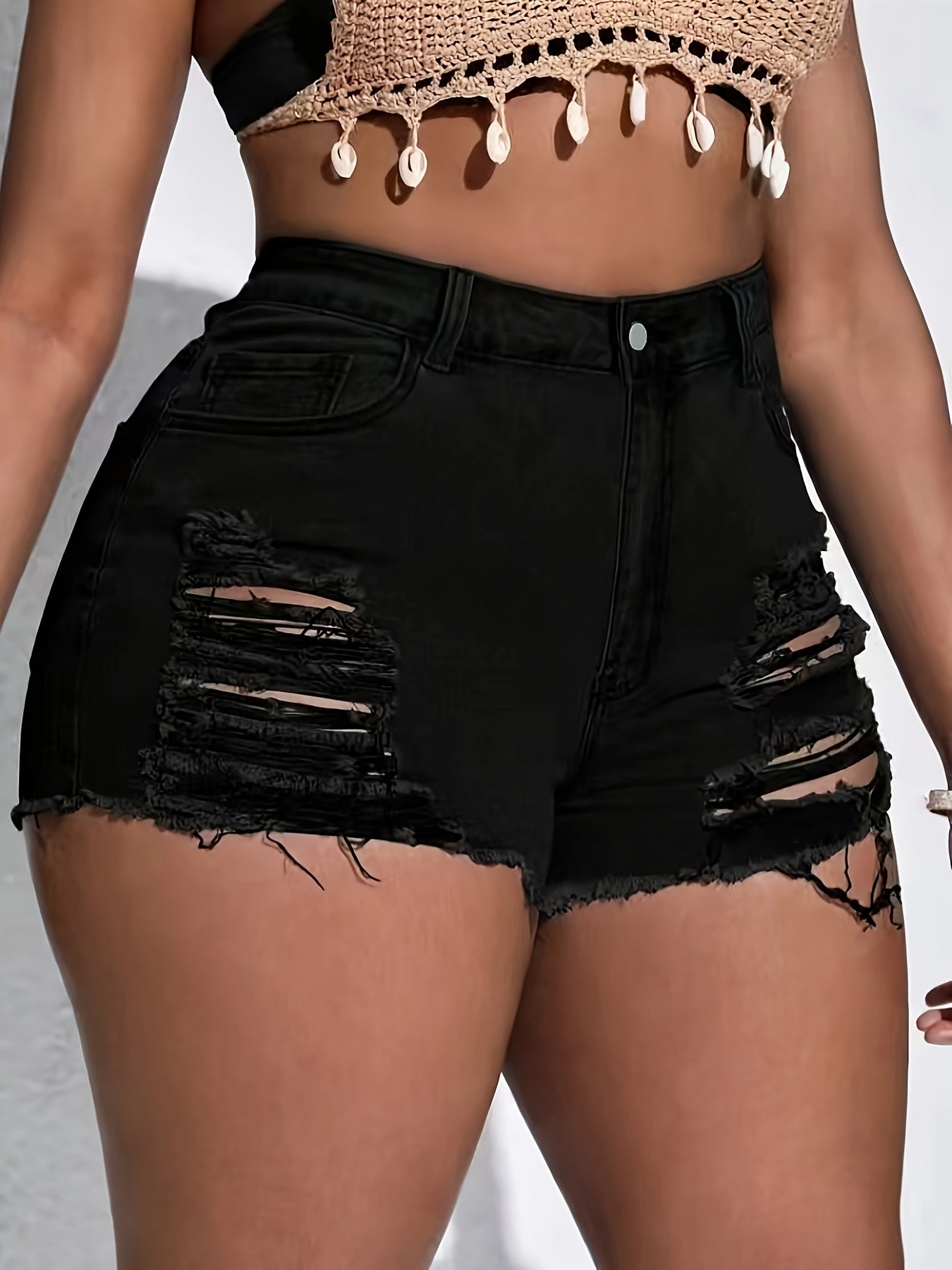 Plus Size Women's Black Distressed Frayed Hem Casual Shorts - Stretch Denim Straight Leg with Ripped Details, Machine Washable Spring/Summer Shorts for Casual Attire, Cute Shorts, Spring Fashion, Trendy Summer, Comfortable Fi