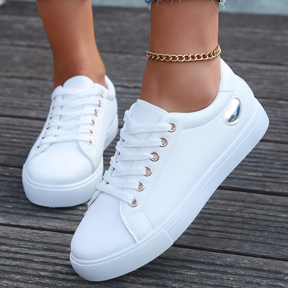 Women'S White Low-Top Sneakers - Comfortable Lace-Up Casual Shoes with Golden Accents, Rubber Sole for All-Day Wear, Perfect for Running, Yoga & Casual Attire, Ladies Sneakers, Everyday Footwear, Sleek Shoe Design, Fabric Lin