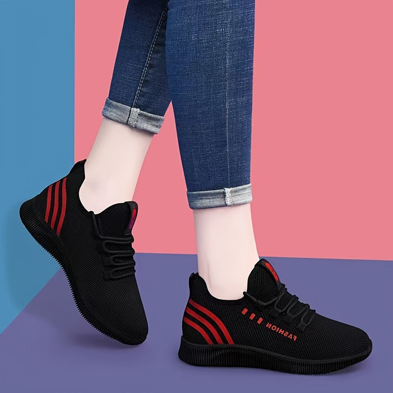 Women'S Lightweight Breathable Casual Sneakers - Low-Top Lace-Up Running Shoes with Soft Rubber Sole, Black & Red Accents, All-Season Comfort for Outdoor Walking & Casual Attire, Ladies Sneakers, Stylish Sportswear, Fabric Up