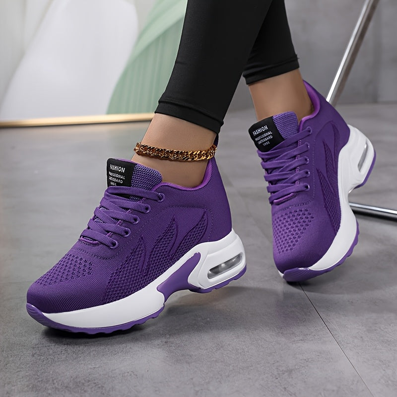 Women's Versatile Lightweight Platform Casual Sneakers - Breathable Comfortable Upper, Round Toe Design & PU Sole for All-Day Comfort - Available in Purple/White and Black/White, Comfortable Footwear, Height-Increasing, Multi