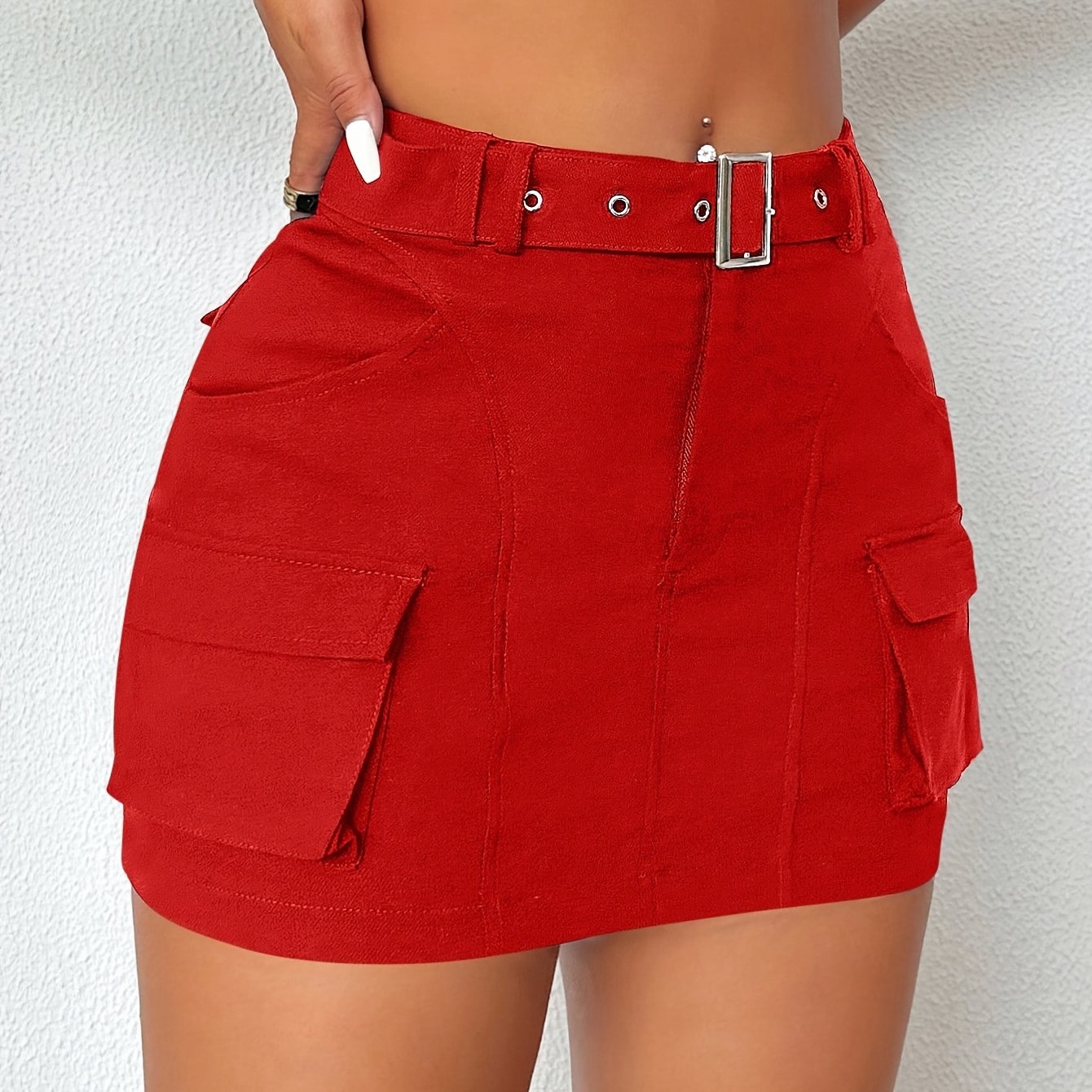 Women'S Black High-Waisted Mini Skirt with Pockets, Adjustable Waistband, and Button Closure - Versatile All-Season Fashion Accessory, Skirt