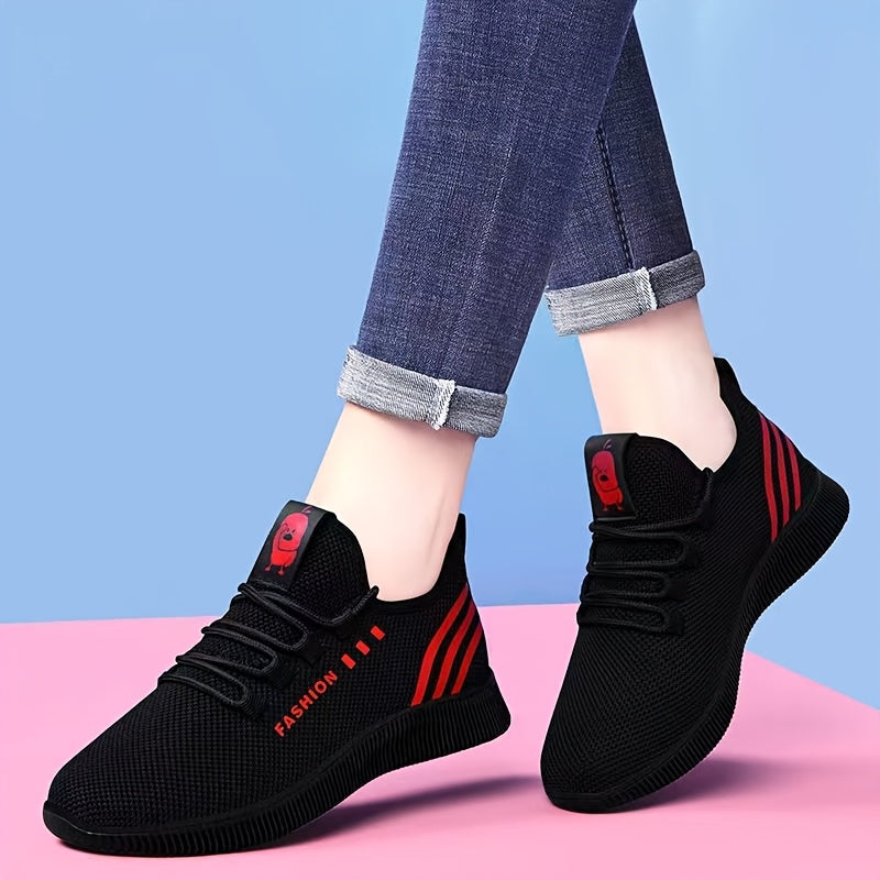 Women'S Lightweight Breathable Casual Sneakers - Low-Top Lace-Up Running Shoes with Soft Rubber Sole, Black & Red Accents, All-Season Comfort for Outdoor Walking & Casual Attire, Ladies Sneakers, Stylish Sportswear, Fabric Up