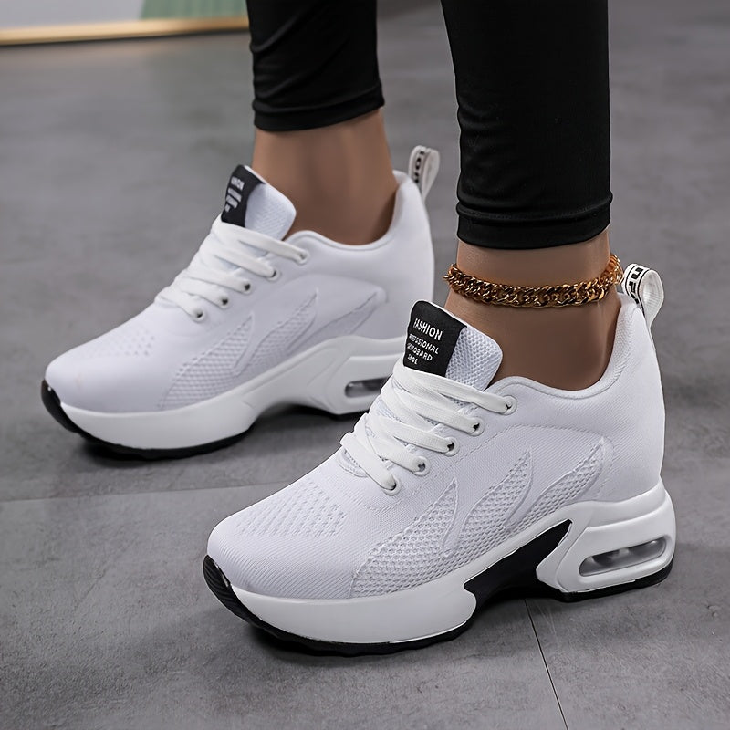 Women's Versatile Lightweight Platform Casual Sneakers - Breathable Comfortable Upper, Round Toe Design & PU Sole for All-Day Comfort - Available in Purple/White and Black/White, Comfortable Footwear, Height-Increasing, Multi