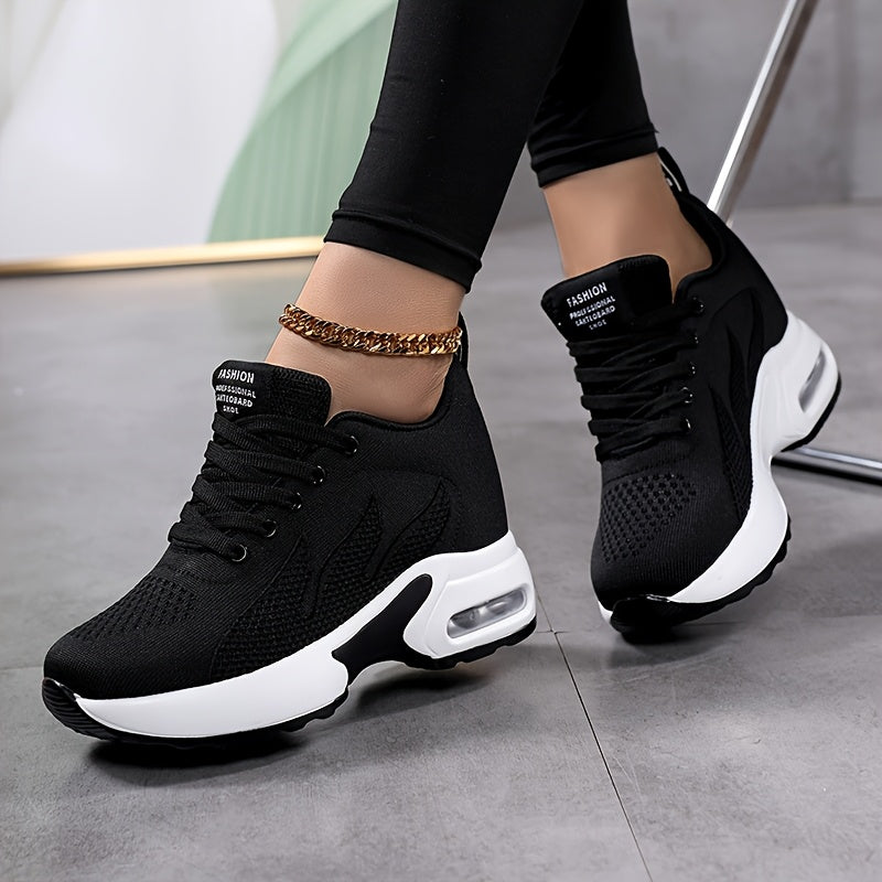 Women's Versatile Lightweight Platform Casual Sneakers - Breathable Comfortable Upper, Round Toe Design & PU Sole for All-Day Comfort - Available in Purple/White and Black/White, Comfortable Footwear, Height-Increasing, Multi