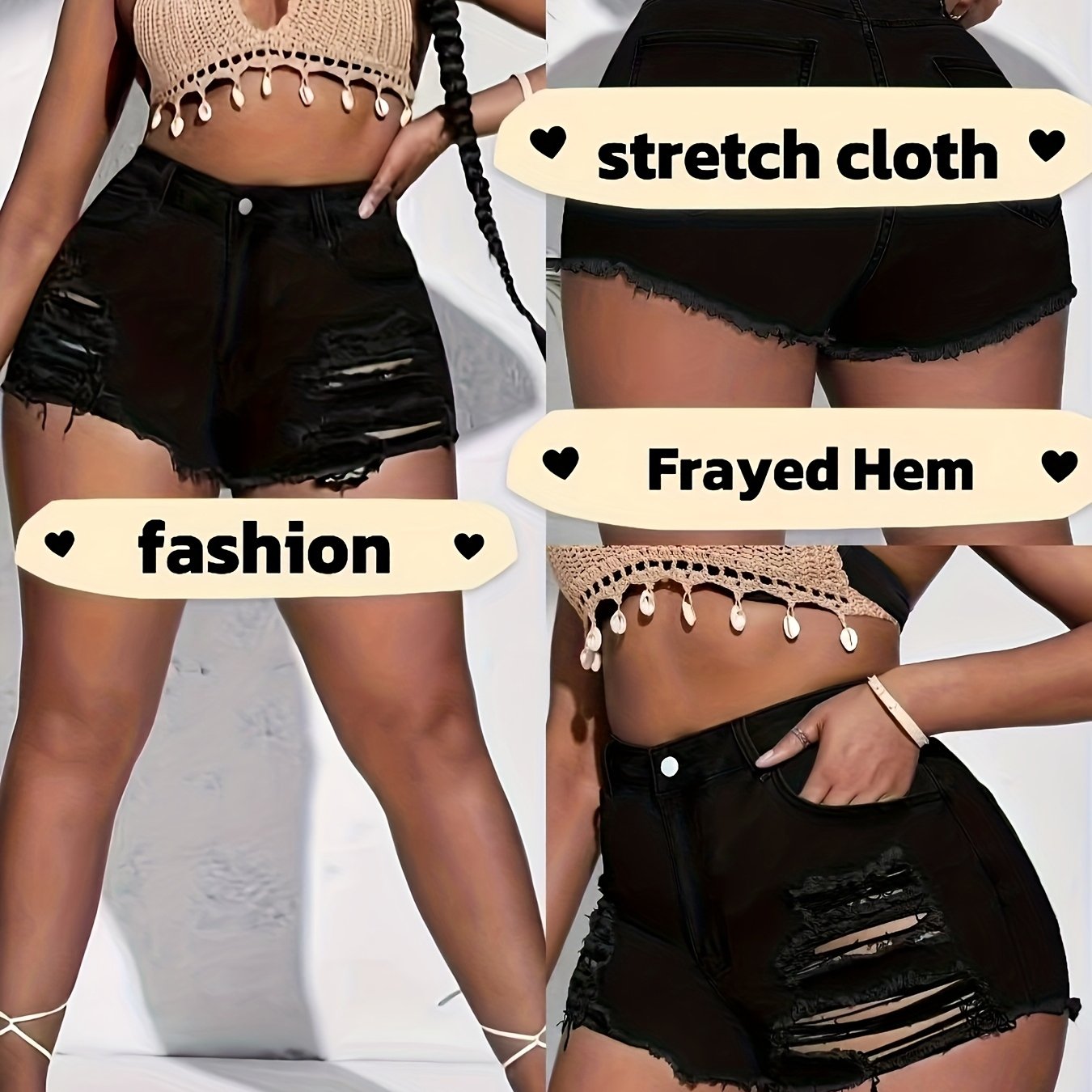 Plus Size Women's Black Distressed Frayed Hem Casual Shorts - Stretch Denim Straight Leg with Ripped Details, Machine Washable Spring/Summer Shorts for Casual Attire, Cute Shorts, Spring Fashion, Trendy Summer, Comfortable Fi