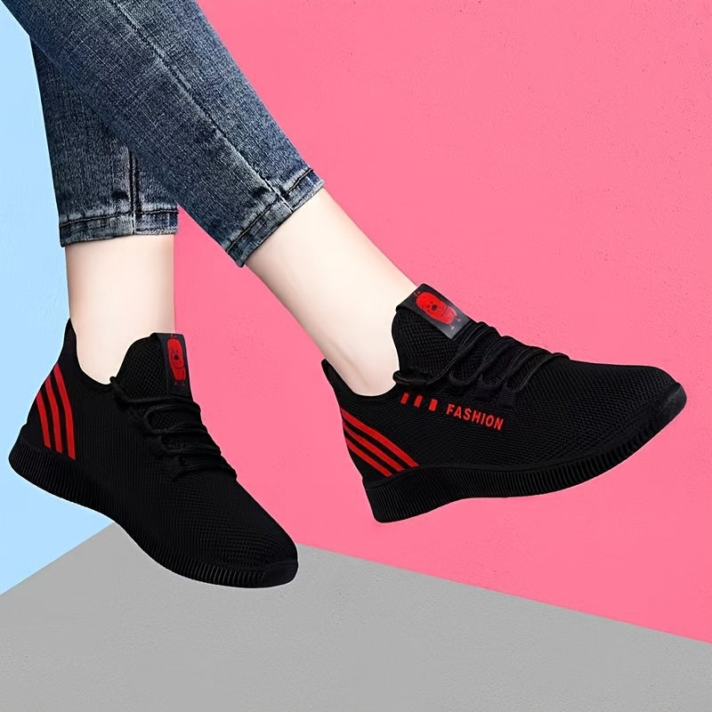 Women'S Lightweight Breathable Casual Sneakers - Low-Top Lace-Up Running Shoes with Soft Rubber Sole, Black & Red Accents, All-Season Comfort for Outdoor Walking & Casual Attire, Ladies Sneakers, Stylish Sportswear, Fabric Up
