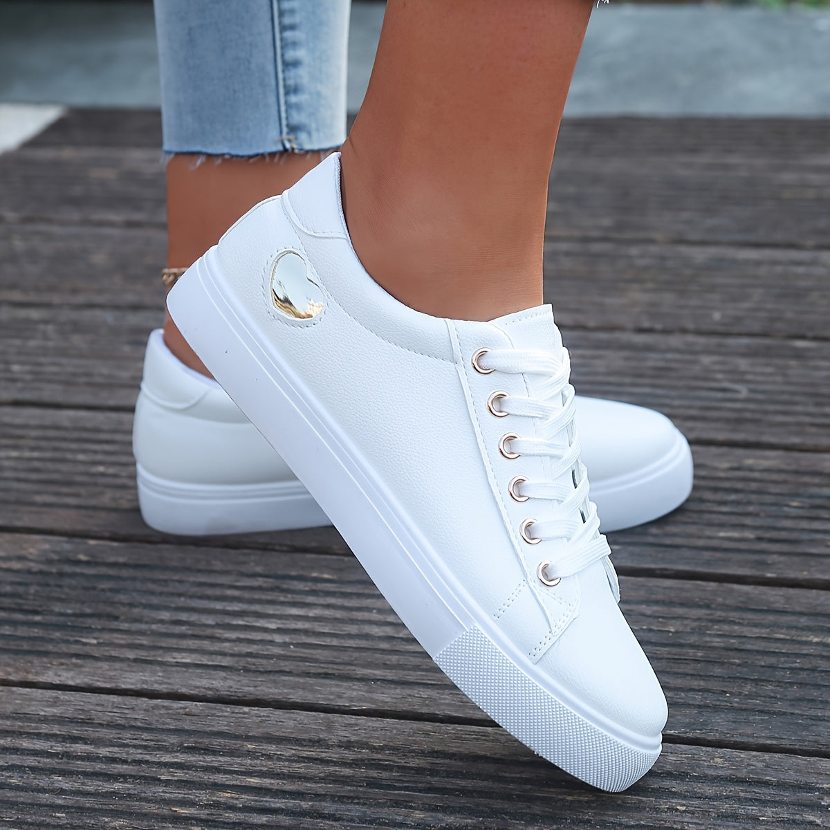 Women'S White Low-Top Sneakers - Comfortable Lace-Up Casual Shoes with Golden Accents, Rubber Sole for All-Day Wear, Perfect for Running, Yoga & Casual Attire, Ladies Sneakers, Everyday Footwear, Sleek Shoe Design, Fabric Lin
