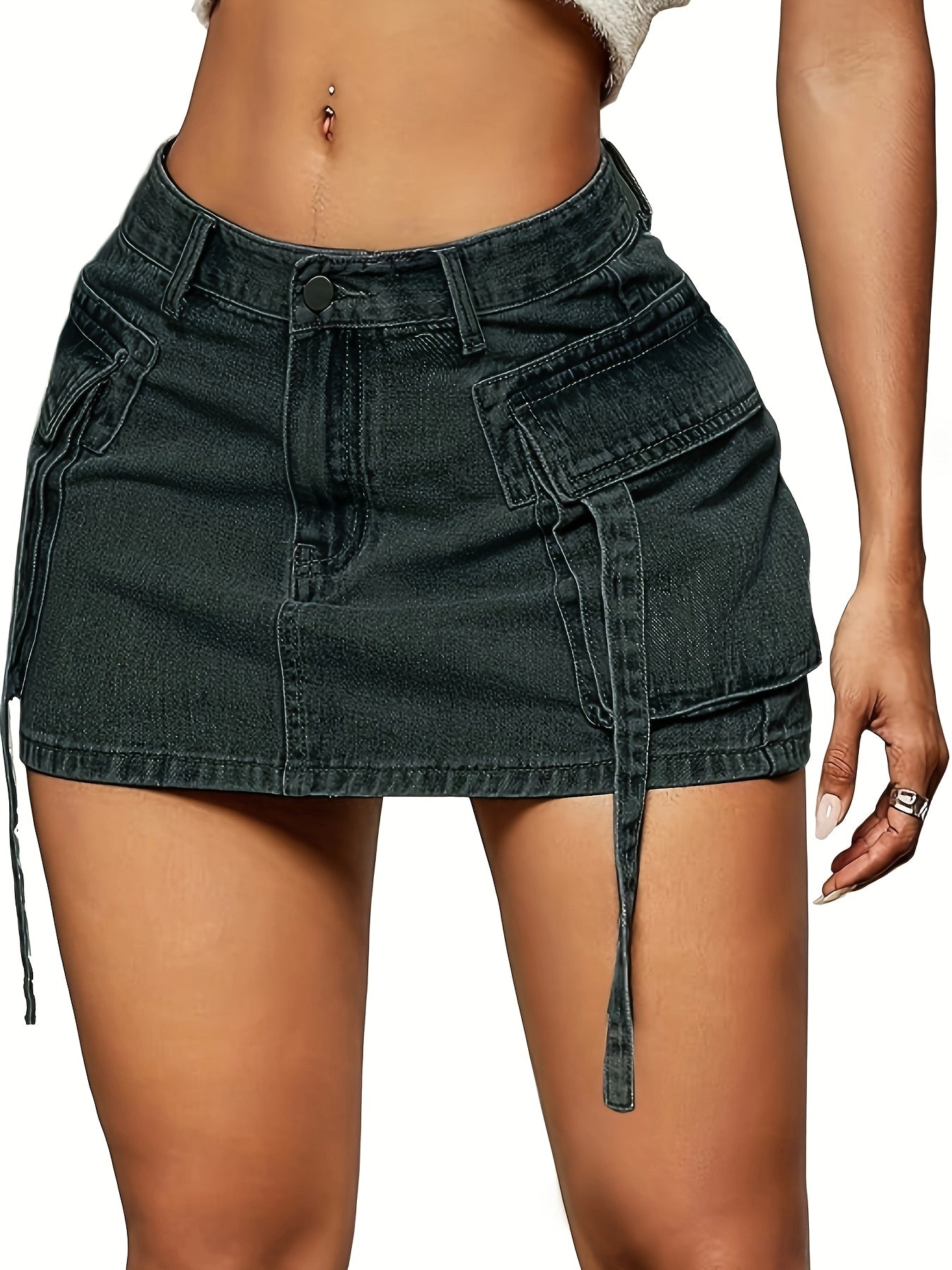 Women's Dark Green () Y2K Low-Rise Mini Jeans Skirt - Stretchy Button-Fly  Loop Pocket Shorts, Structured Houndstooth-Free Fit for Casual to Dressy Outfits, Spring Summer Fall Outwear (No Trousers Needed)