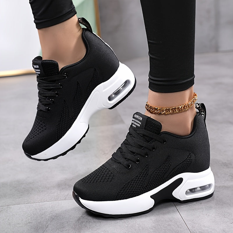 Women's Versatile Lightweight Platform Casual Sneakers - Breathable Comfortable Upper, Round Toe Design & PU Sole for All-Day Comfort - Available in Purple/White and Black/White, Comfortable Footwear, Height-Increasing, Multi