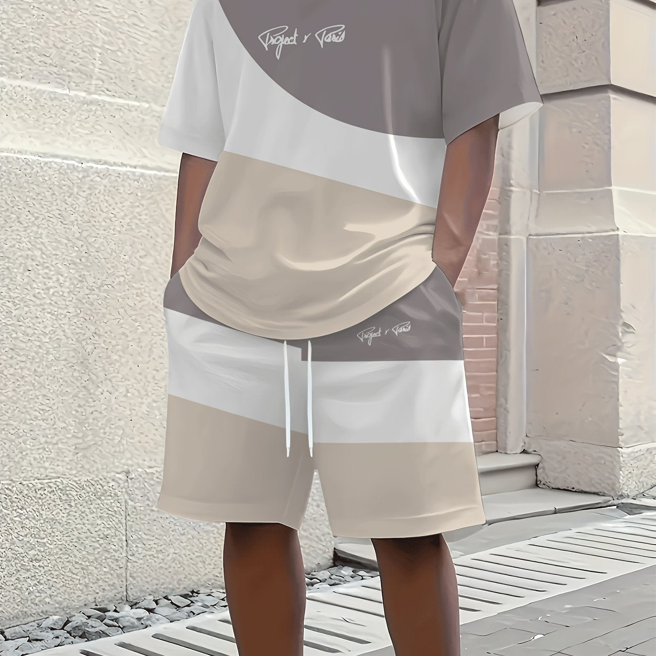 1 set of 2pcs 3D letter print stylish three-color Men's summer fresh T-shirt and shorts set, made from stretchy polyester knit fabric, regular fit, suitable for outdoor activities and family gatherings