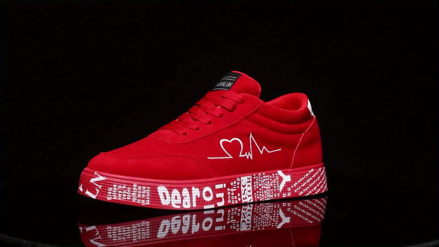 MAINALUN Men's Mid-Top Sneakers - Vibrant Red Heart & Music Graphic Design, All-Season Outdoor Fitness Shoes, Breathable PU/Fabric Upper & Durable PVC Sole, Valentine's Day Birthday Gift for Him, Sneakers, Casual Streetwear,