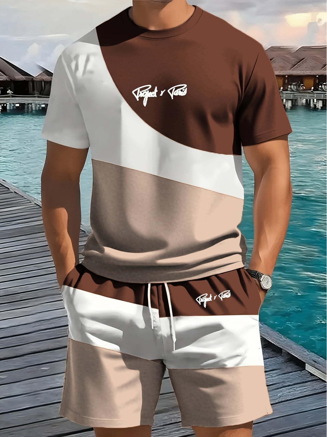 1 set of 2pcs 3D letter print stylish three-color Men's summer fresh T-shirt and shorts set, made from stretchy polyester knit fabric, regular fit, suitable for outdoor activities and family gatherings