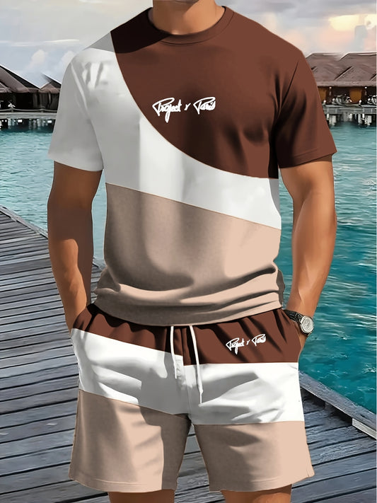 1 set of 2pcs 3D letter print stylish three-color Men's summer fresh T-shirt and shorts set, made from stretchy polyester knit fabric, regular fit, suitable for outdoor activities and family gatherings