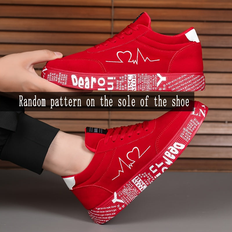 MAINALUN Men's Mid-Top Sneakers - Vibrant Red Heart & Music Graphic Design, All-Season Outdoor Fitness Shoes, Breathable PU/Fabric Upper & Durable PVC Sole, Valentine's Day Birthday Gift for Him, Sneakers, Casual Streetwear,