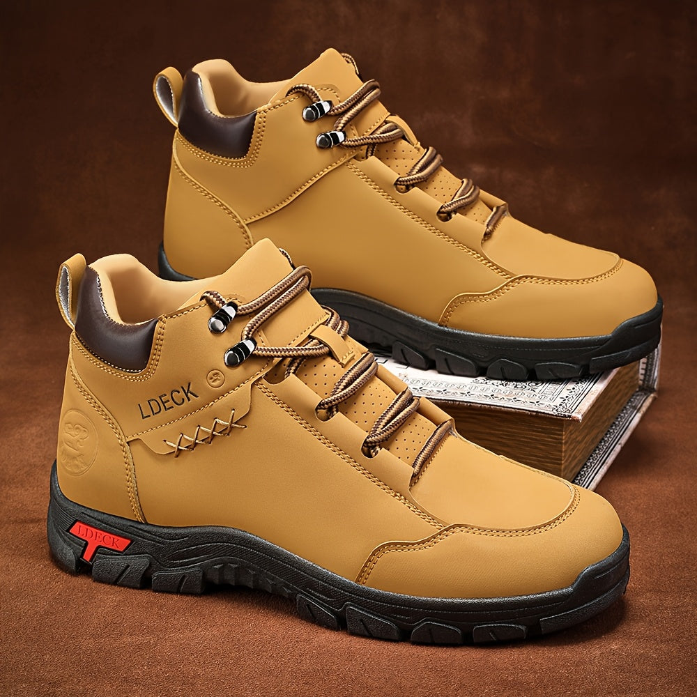 Men's & Unisex Lace-Up Boots - Non-Slip Cushioned insoles, High Quality PU Upper & PVC Outsole - All-Terrain Traction for Hiking, Training, Everyday - Brown Boots - Durable Work & Casual Shoes, Hiking Footwear, Stylish Laceup