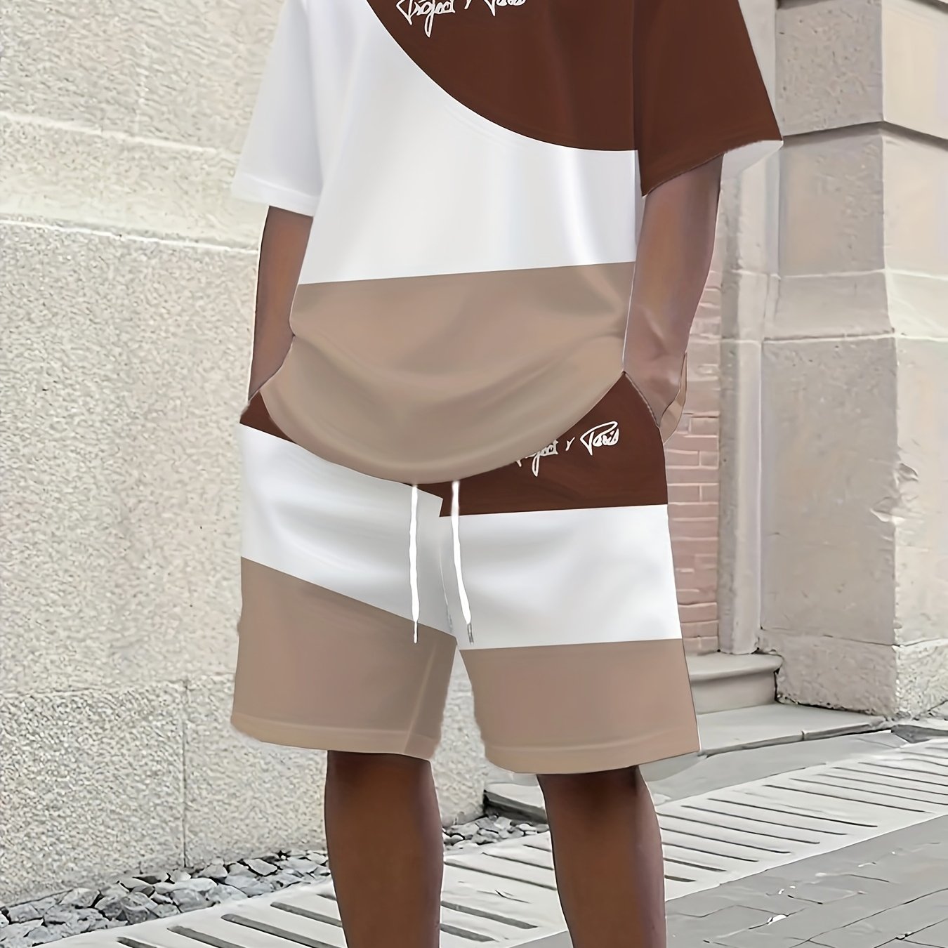 1 set of 2pcs 3D letter print stylish three-color Men's summer fresh T-shirt and shorts set, made from stretchy polyester knit fabric, regular fit, suitable for outdoor activities and family gatherings