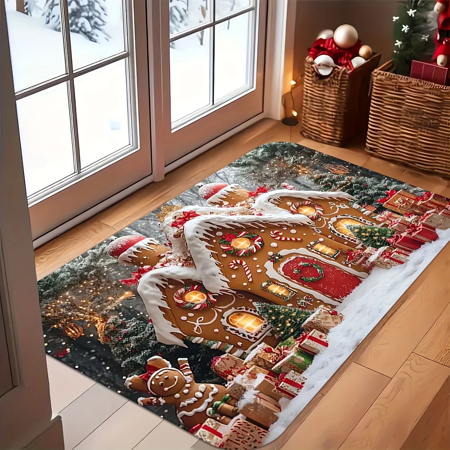 VIKAMA Christmas Candy House And Snowflake Doormat - Machine Washable, Durable Mat, Bathroom Carpet For Home Decoration