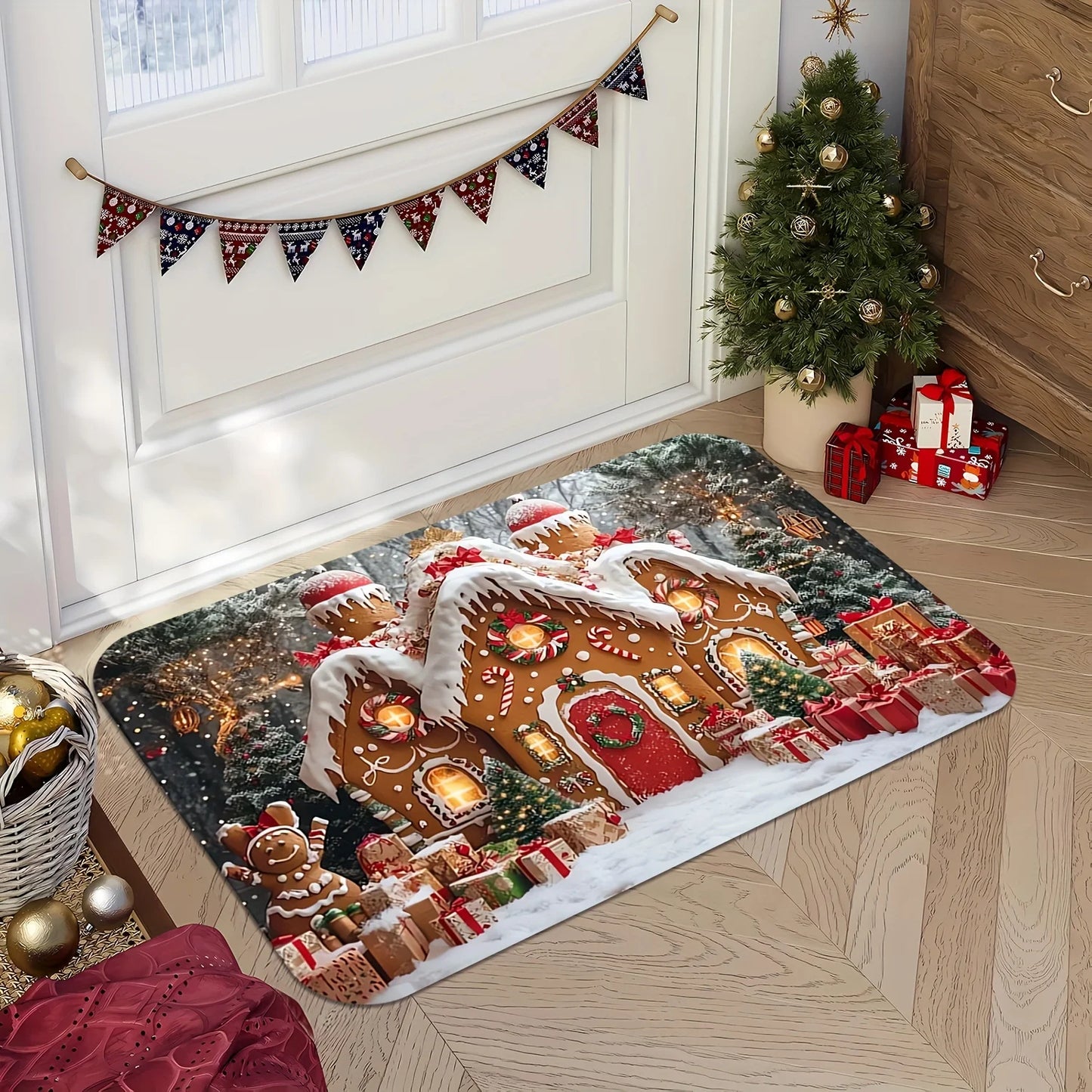 VIKAMA Christmas Candy House And Snowflake Doormat - Machine Washable, Durable Mat, Bathroom Carpet For Home Decoration
