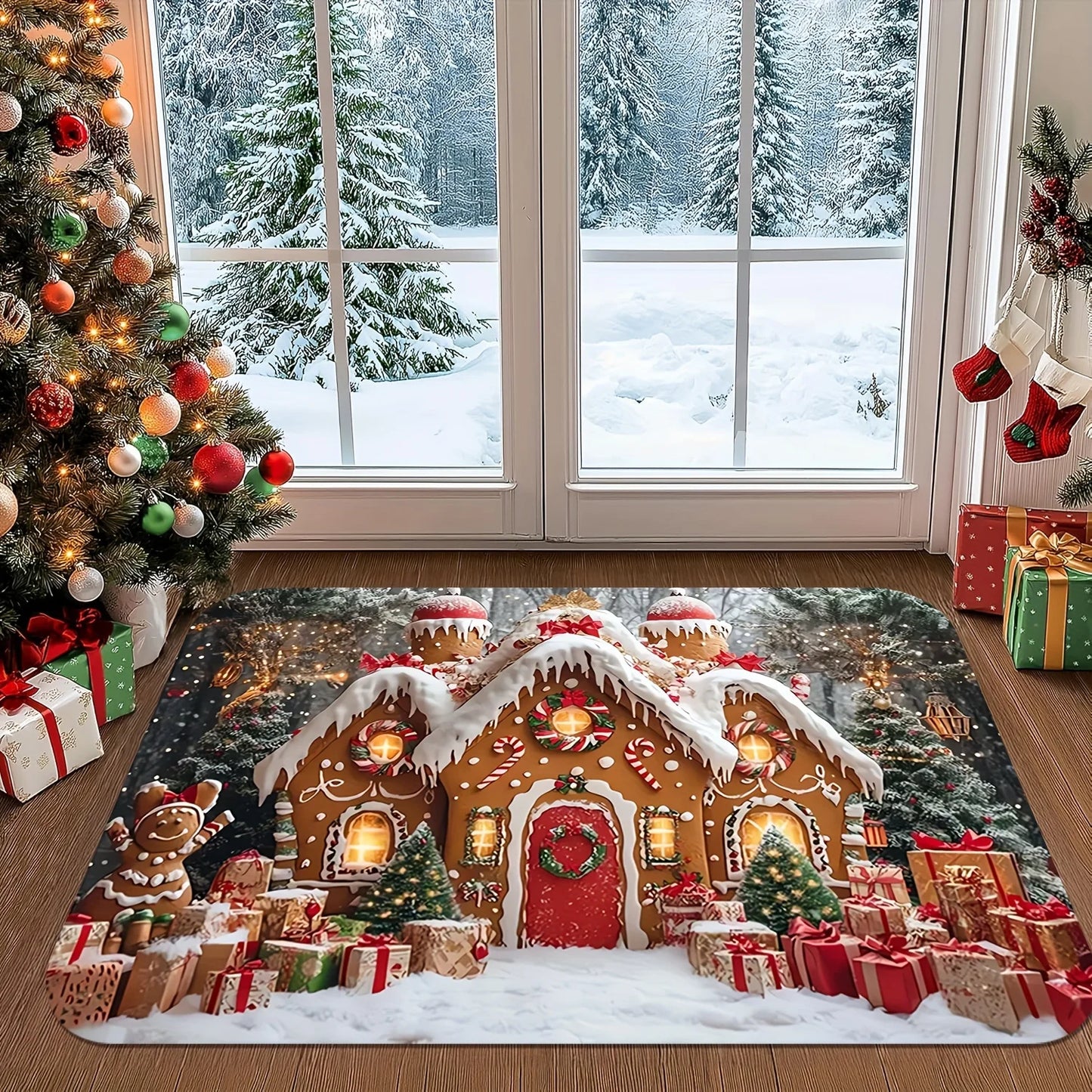 VIKAMA Christmas Candy House And Snowflake Doormat - Machine Washable, Durable Mat, Bathroom Carpet For Home Decoration