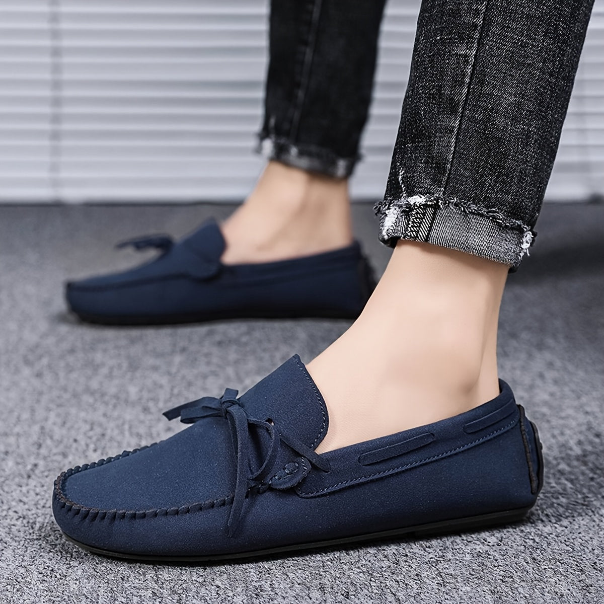 Men's Slip-On Loafers - Navy Blue Casual Driving Shoes with Square Toe, Synthetic Upper & Rubber Sole, All-Season Comfort for Yoga, Daily Wear & Social Events, Minimalist Shoe Design