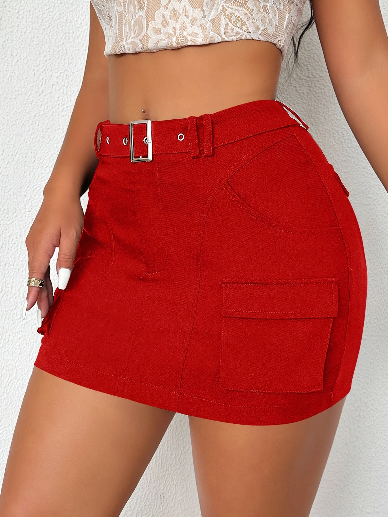 Women'S Black High-Waisted Mini Skirt with Pockets, Adjustable Waistband, and Button Closure - Versatile All-Season Fashion Accessory, Skirt