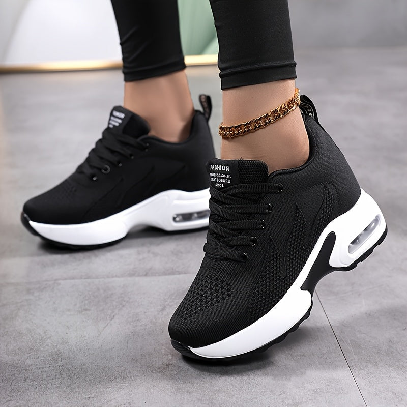 Women's Versatile Lightweight Platform Casual Sneakers - Breathable Comfortable Upper, Round Toe Design & PU Sole for All-Day Comfort - Available in Purple/White and Black/White, Comfortable Footwear, Height-Increasing, Multi