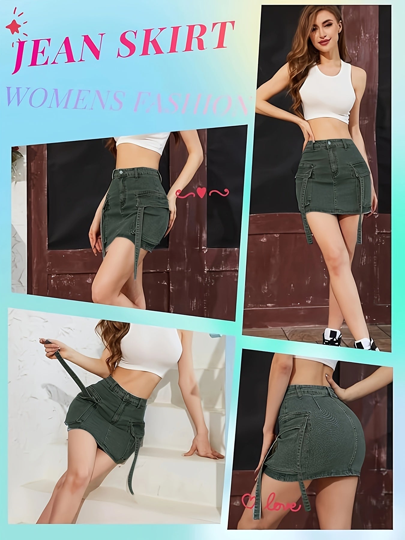 Women's Dark Green () Y2K Low-Rise Mini Jeans Skirt - Stretchy Button-Fly  Loop Pocket Shorts, Structured Houndstooth-Free Fit for Casual to Dressy Outfits, Spring Summer Fall Outwear (No Trousers Needed)