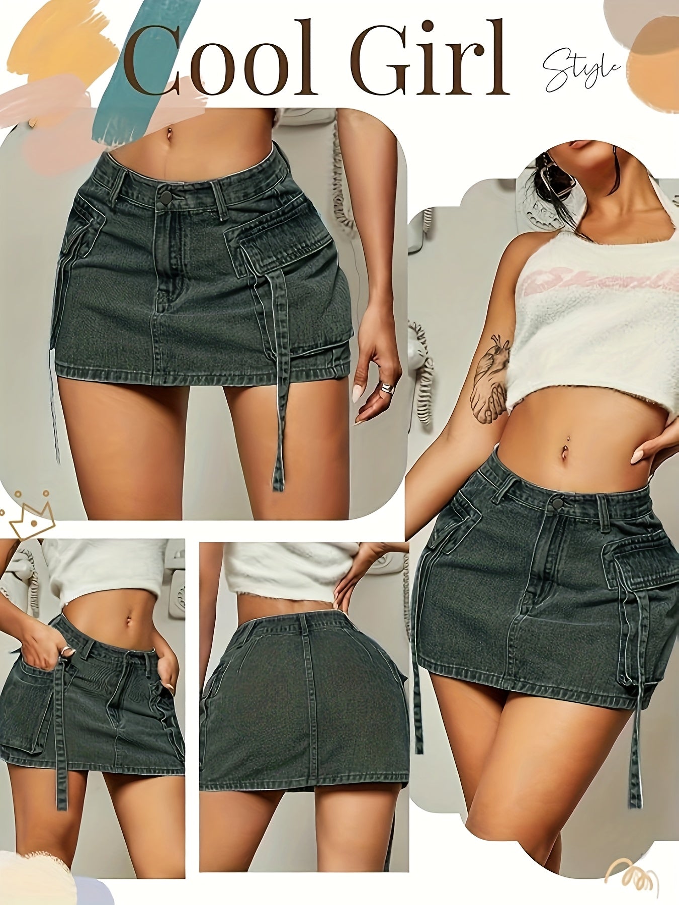 Women's Dark Green () Y2K Low-Rise Mini Jeans Skirt - Stretchy Button-Fly  Loop Pocket Shorts, Structured Houndstooth-Free Fit for Casual to Dressy Outfits, Spring Summer Fall Outwear (No Trousers Needed)