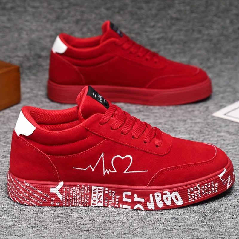 MAINALUN Men's Mid-Top Sneakers - Vibrant Red Heart & Music Graphic Design, All-Season Outdoor Fitness Shoes, Breathable PU/Fabric Upper & Durable PVC Sole, Valentine's Day Birthday Gift for Him, Sneakers, Casual Streetwear,
