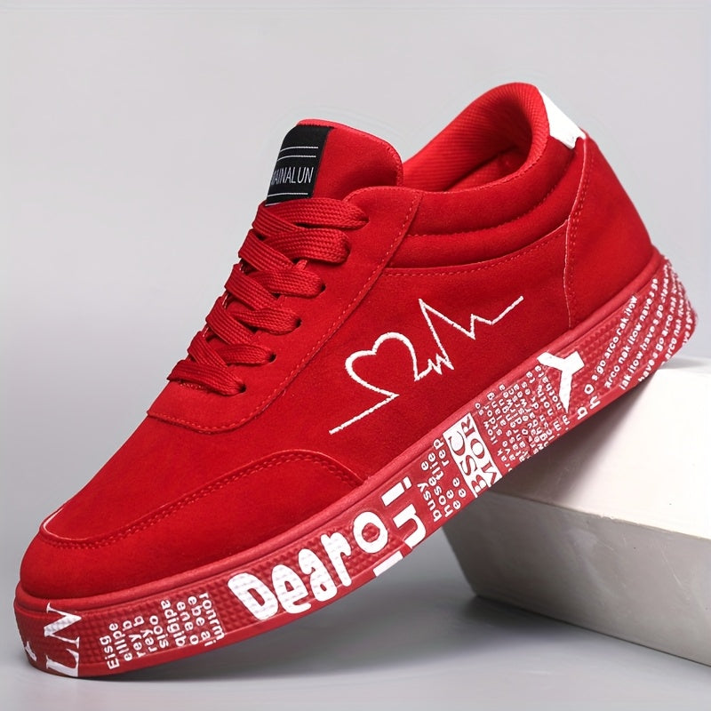 MAINALUN Men's Mid-Top Sneakers - Vibrant Red Heart & Music Graphic Design, All-Season Outdoor Fitness Shoes, Breathable PU/Fabric Upper & Durable PVC Sole, Valentine's Day Birthday Gift for Him, Sneakers, Casual Streetwear,