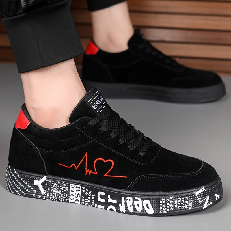 MAINALUN Men's Mid-Top Sneakers - Vibrant Red Heart & Music Graphic Design, All-Season Outdoor Fitness Shoes, Breathable PU/Fabric Upper & Durable PVC Sole, Valentine's Day Birthday Gift for Him, Sneakers, Casual Streetwear,