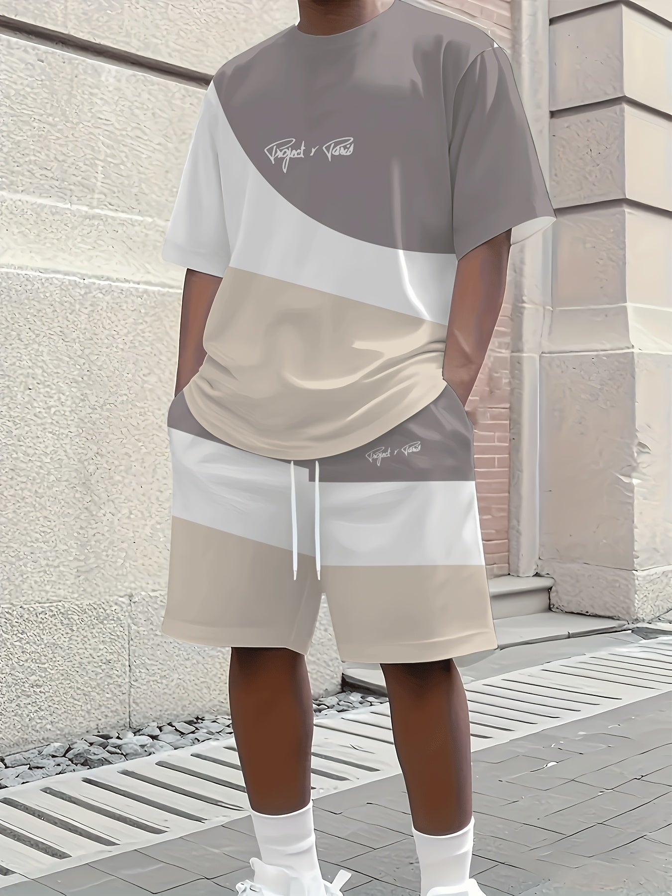 1 set of 2pcs 3D letter print stylish three-color Men's summer fresh T-shirt and shorts set, made from stretchy polyester knit fabric, regular fit, suitable for outdoor activities and family gatherings