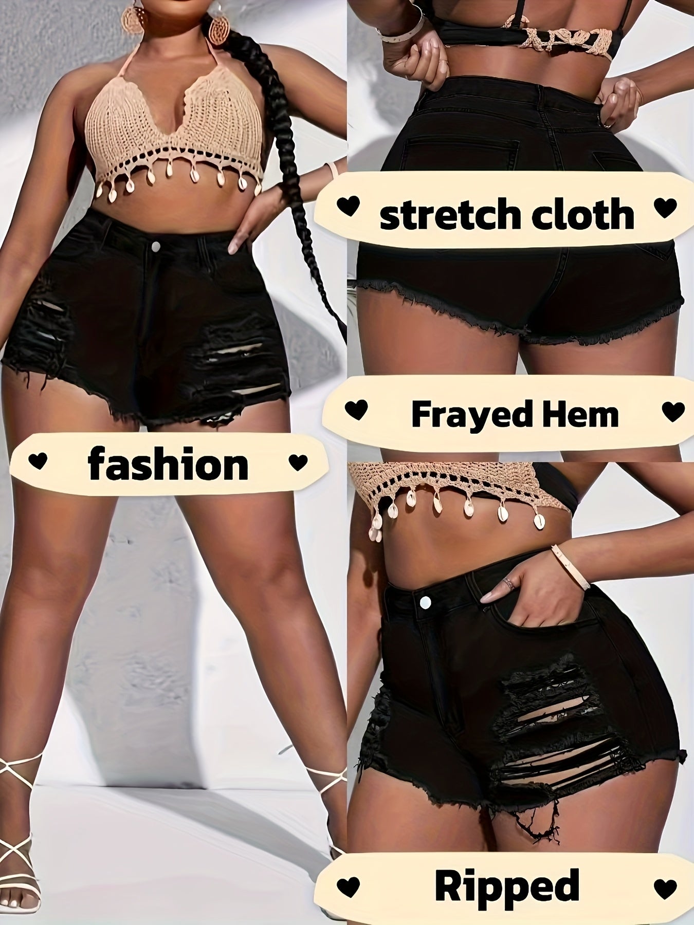 Plus Size Women's Black Distressed Frayed Hem Casual Shorts - Stretch Denim Straight Leg with Ripped Details, Machine Washable Spring/Summer Shorts for Casual Attire, Cute Shorts, Spring Fashion, Trendy Summer, Comfortable Fi