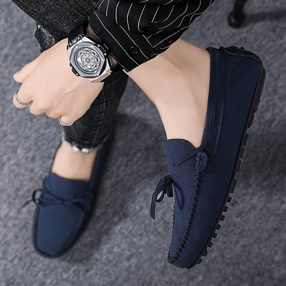 Men's Slip-On Loafers - Navy Blue Casual Driving Shoes with Square Toe, Synthetic Upper & Rubber Sole, All-Season Comfort for Yoga, Daily Wear & Social Events, Minimalist Shoe Design