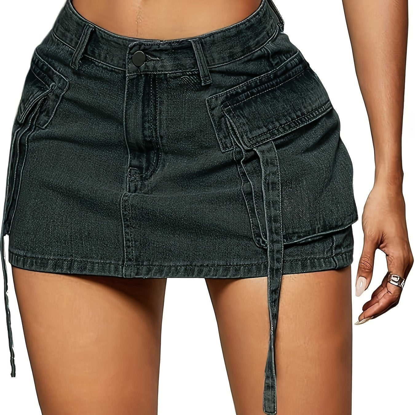 Women's Dark Green () Y2K Low-Rise Mini Jeans Skirt - Stretchy Button-Fly  Loop Pocket Shorts, Structured Houndstooth-Free Fit for Casual to Dressy Outfits, Spring Summer Fall Outwear (No Trousers Needed)