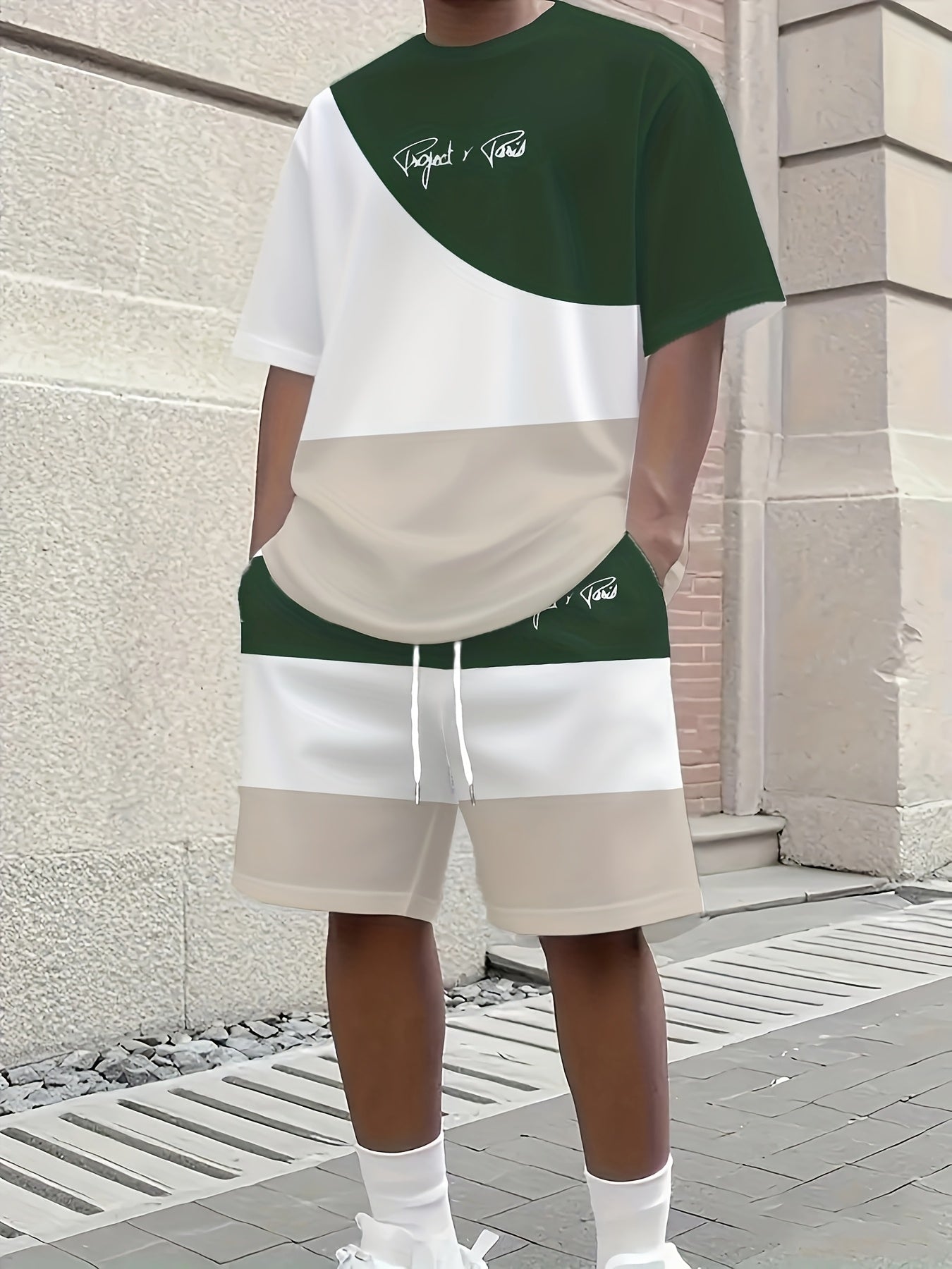 1 set of 2pcs 3D letter print stylish three-color Men's summer fresh T-shirt and shorts set, made from stretchy polyester knit fabric, regular fit, suitable for outdoor activities and family gatherings