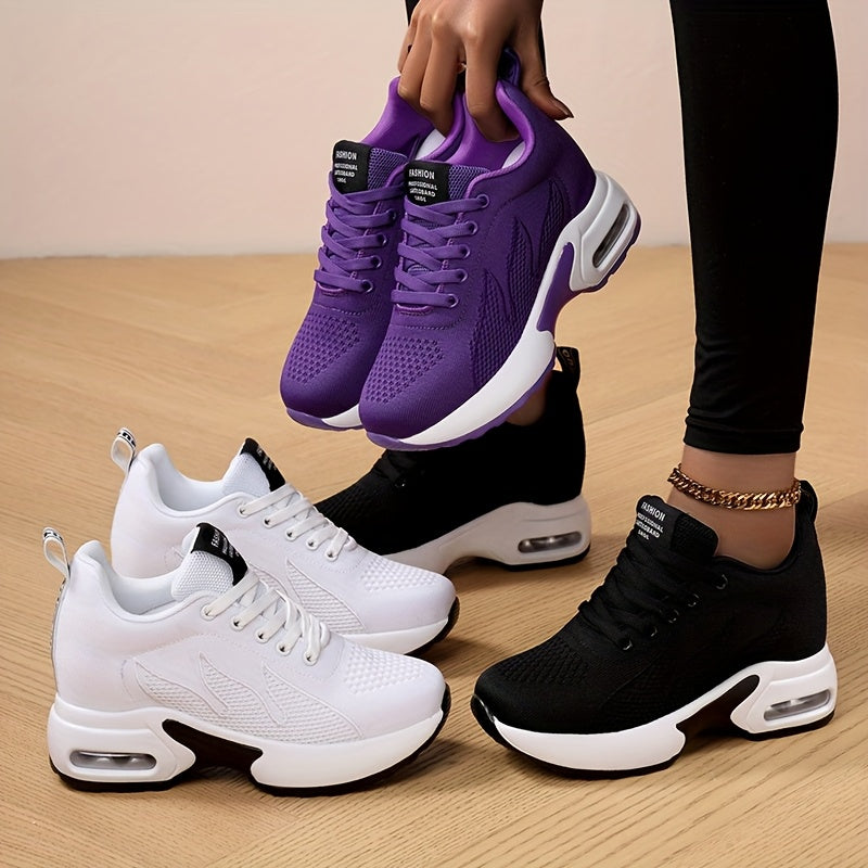 Women's Versatile Lightweight Platform Casual Sneakers - Breathable Comfortable Upper, Round Toe Design & PU Sole for All-Day Comfort - Available in Purple/White and Black/White, Comfortable Footwear, Height-Increasing, Multi